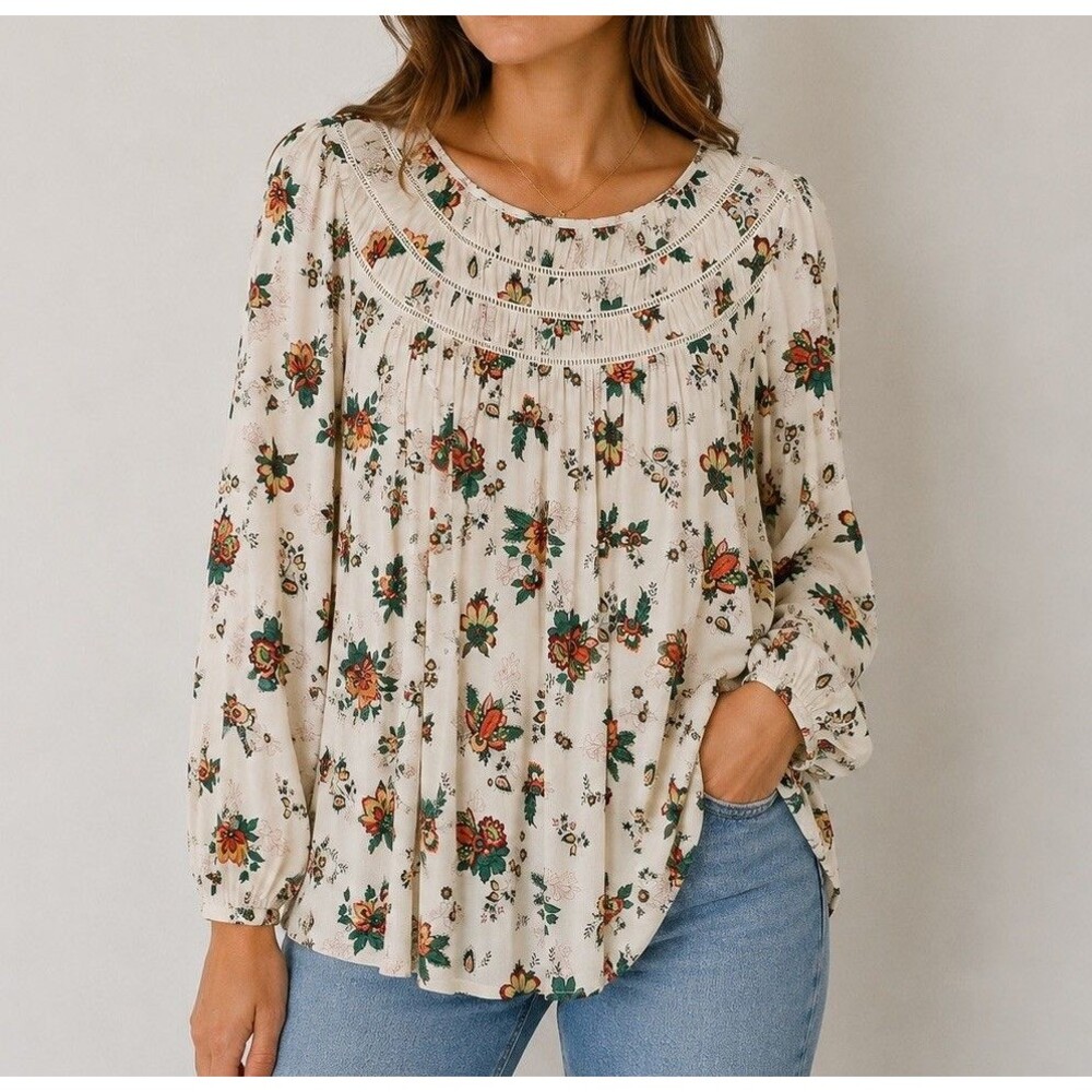 Lane Bryant Cream Floral Pintuck Peasant Blouse Top Boho Size 22